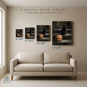 May include: A canvas size chart displaying four gallery-wrapped canvas prints of a black cat sitting on stone steps next to a lit jack-o'-lantern. The sizes listed are 8"x10", 11"x14", 16"x20", and 24"x30" with a 1.5" frame depth.