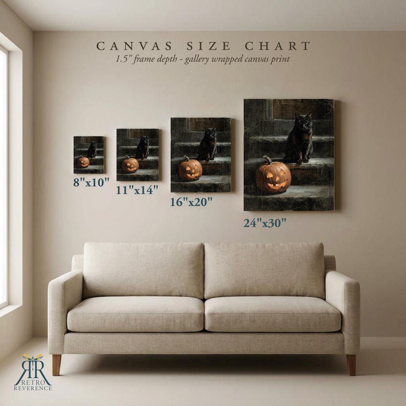 May include: A canvas size chart displaying four gallery-wrapped canvas prints of a black cat sitting on stone steps next to a lit jack-o'-lantern. The sizes listed are 8"x10", 11"x14", 16"x20", and 24"x30" with a 1.5" frame depth.