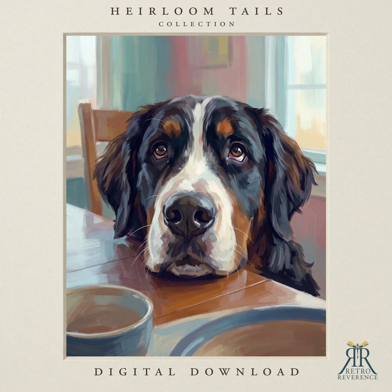 May include: A digital print titled Heirloom Tails Collection featuring a painting of a Bernese Mountain Dog with black, white, and tan fur resting its chin on a wooden table next to a bowl. The text Retro Reverence is in the bottom corner.