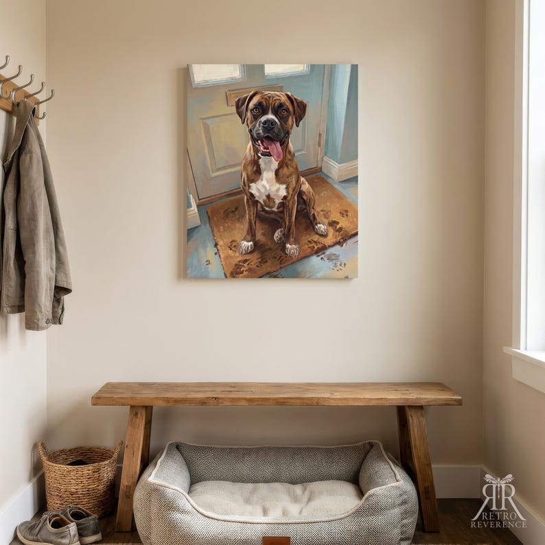 May include: A rectangular canvas wall art print featuring a brown and white Boxer dog sitting on a brown doormat in front of a light blue door. The dog has its tongue out, and there are visible muddy paw prints on the mat and the floor surface.