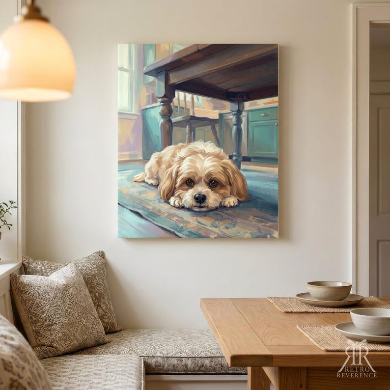 May include: A rectangular wall art print featuring a painting of a light brown and white dog lying on a blue floor under a dark wooden table. The artwork displays a cozy indoor scene with soft lighting and muted tones, capturing the dog resting.