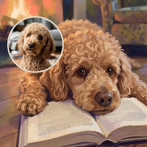 Sleepy Personalized Dog Portrait from Your Photo, Cottage Fireside Canvas Print, Dog Canvas Wall Art, Dog by the Fire Art, Cozy Cabin Decor