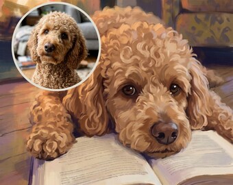 May include: A digital painting of a curly-haired golden dog resting its chin on an open book. The dog has light brown fur and dark eyes. A circular inset shows a photographic portrait of the same dog with similar features and coloring.
