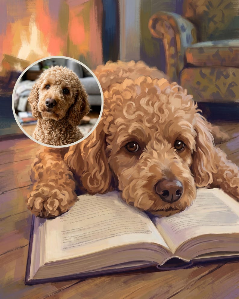 Sleepy Personalized Dog Portrait from Your Photo, Cottage Fireside Canvas Print, Dog Canvas Wall Art, Dog by the Fire Art, Cozy Cabin Decor