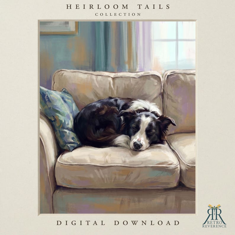May include: A digital illustration titled HEIRLOOM TAILS COLLECTION showing a black and white dog curled up asleep on a beige sofa with a blue patterned pillow. The artwork features visible brushstrokes and includes the text DIGITAL DOWNLOAD.
