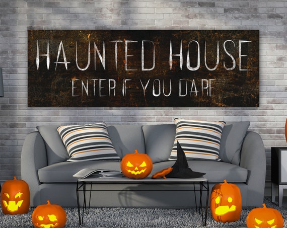 Scary Haunted House Halloween Sign Black Creepy Gothic Halloween Decor Rustic Industrial Fall Holiday Canvas Art Spooky Crazy Asylum