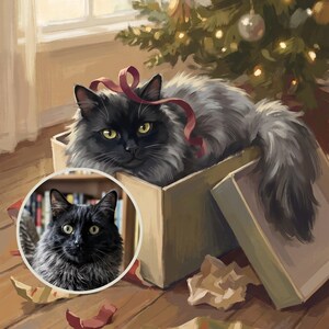 Funny Cat Portrait from Photo, Christmas Morning Cat in a Box, Custom Cat Illustration Digital Download
