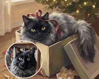 Funny Cat Portrait from Photo, Christmas Morning Cat in a Box, Custom Cat Illustration, Printable Wall Art, Xmas Cat Art, Quirky Wall Art