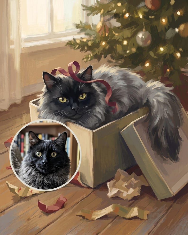 Funny Cat Portrait from Photo, Christmas Morning Cat in a Box, Custom Cat Illustration Digital Download