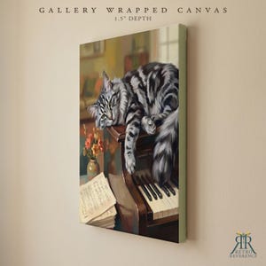 May include: A gallery wrapped canvas with a 1.5 inch depth featuring a painting of a grey tabby cat resting on a brown upright piano. Beside the piano sits a small vase with orange flowers and a stack of sheet music with visible musical notation.
