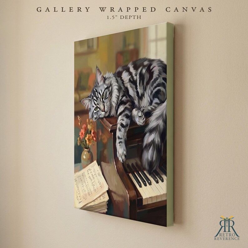 May include: A gallery wrapped canvas with a 1.5 inch depth featuring a painting of a grey tabby cat resting on a brown upright piano. Beside the piano sits a small vase with orange flowers and a stack of sheet music with visible musical notation.