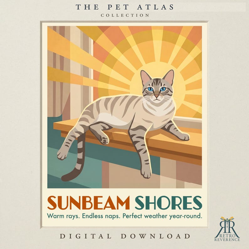 May include: A digital print titled The Pet Atlas Collection featuring a tabby cat resting on a ledge in front of a yellow sunburst. The text reads Sunbeam Shores, Warm rays. Endless naps. Perfect weather year-round. Digital Download.