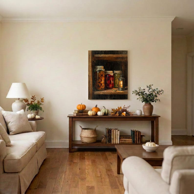 May include: A rectangular wall art print depicting three glass jars filled with preserved produce and a small lantern on a wooden shelf. The artwork is displayed above a long wooden console table featuring pumpkins, books, and a woven basket.