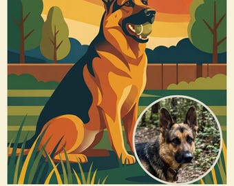Personalized Dog Portrait from Photo, Dog Playing Fetch in the Park Illustration, Retro Travel Poster Download, Printable Wall Art