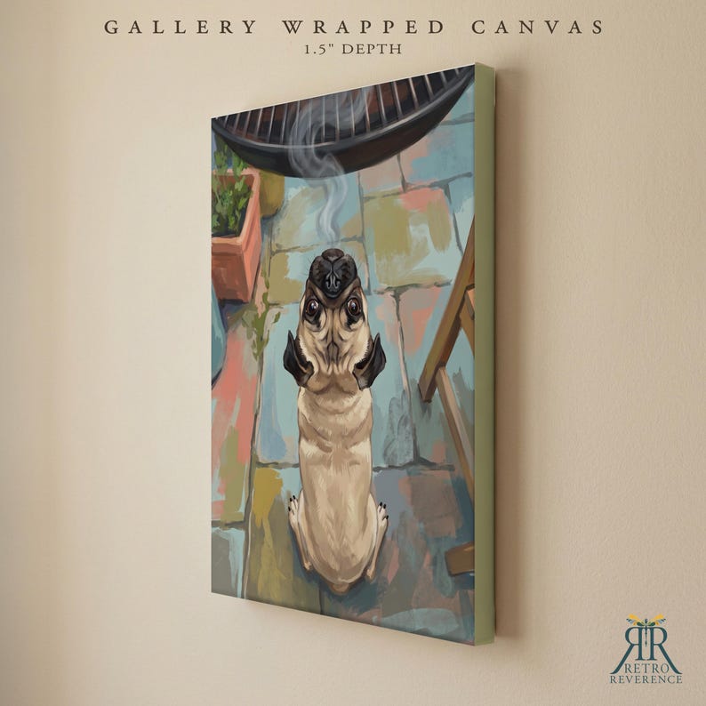 May include: A gallery wrapped canvas with a 1.5 inch depth featuring a painting of a fawn pug looking upward at a grill with rising smoke. The scene includes a terracotta planter and wooden furniture on a stone patio, rendered in a painterly style.