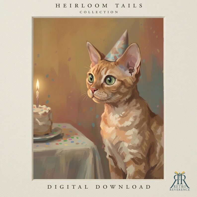 May include: An orange tabby cat wearing a party hat sits beside a birthday cake with a lit candle. The text reads HEIRLOOM TAILS COLLECTION and DIGITAL DOWNLOAD. The art style features soft brushstrokes in warm, muted tones.