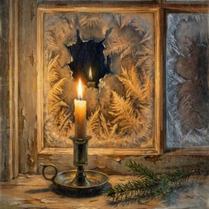 May include: A lit candle in a metallic holder sits on a wooden ledge next to a small evergreen branch. Behind the candle, a window pane features intricate frost patterns with a clear, dark circular opening revealing a reflection of the flame.