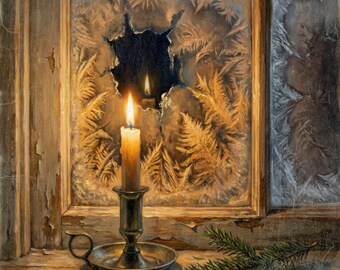 May include: A lit candle in a metallic holder sits on a wooden ledge next to a small evergreen branch. Behind the candle, a window pane features intricate frost patterns with a clear, dark circular opening revealing a reflection of the flame.
