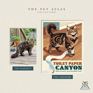 Puede incluir: Una impresi&oacute;n titulada The Pet Atlas Collection que presenta una fotograf&iacute;a de un gato atigrado marr&oacute;n en una terraza de madera llamada The Snapshot y una ilustraci&oacute;n del mismo gato con papel higi&eacute;nico llamada The Landmark Toilet Paper Canyon.