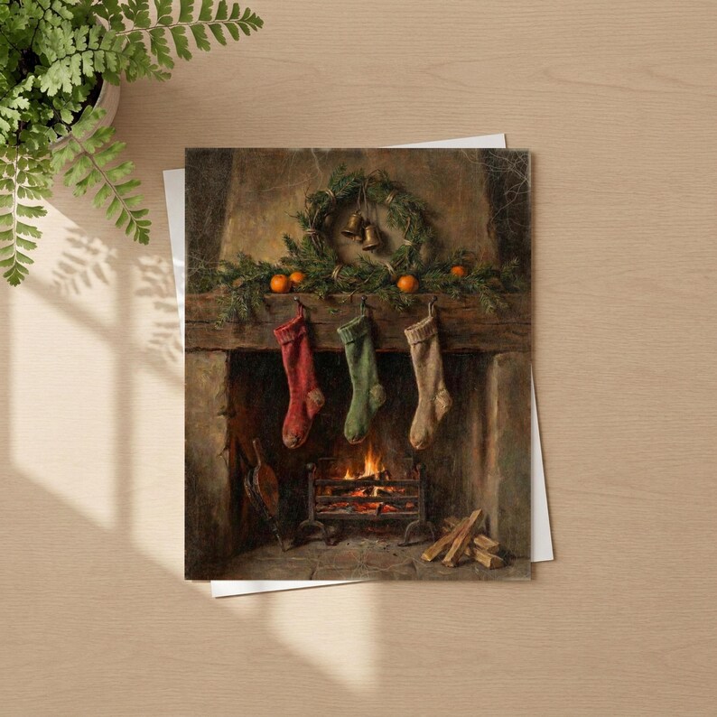 Christmas Stockings and Fireplace Wall Art, Vintage Style Holiday Decor, Rustic Wall Art, Winter Illustration, Art Print or Canvas image 5