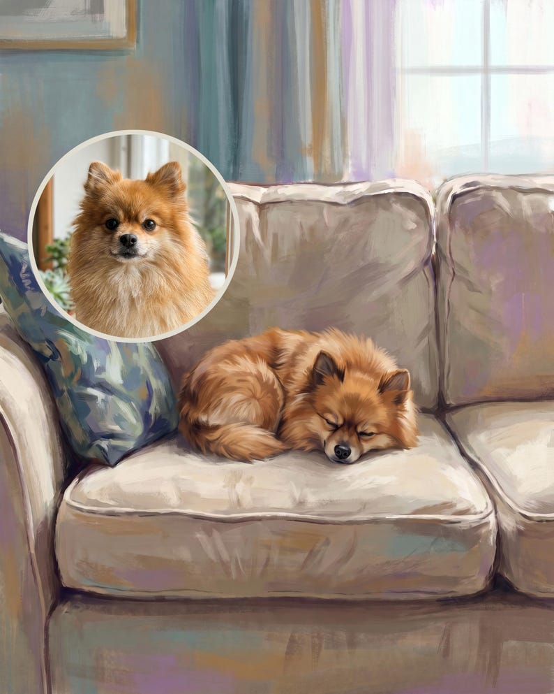 Dog on Couch Portrait from Photo, Personalized Dog Illustration, Sleeping Dog Art, Living Room Wall Art Digital Download