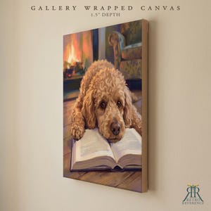 May include: A gallery wrapped canvas with a 1.5 inch depth featuring a painting of a curly golden-brown dog resting its head on an open book. The background shows a warm fireplace and a chair. The text reads GALLERY WRAPPED CANVAS 1.5 DEPTH.