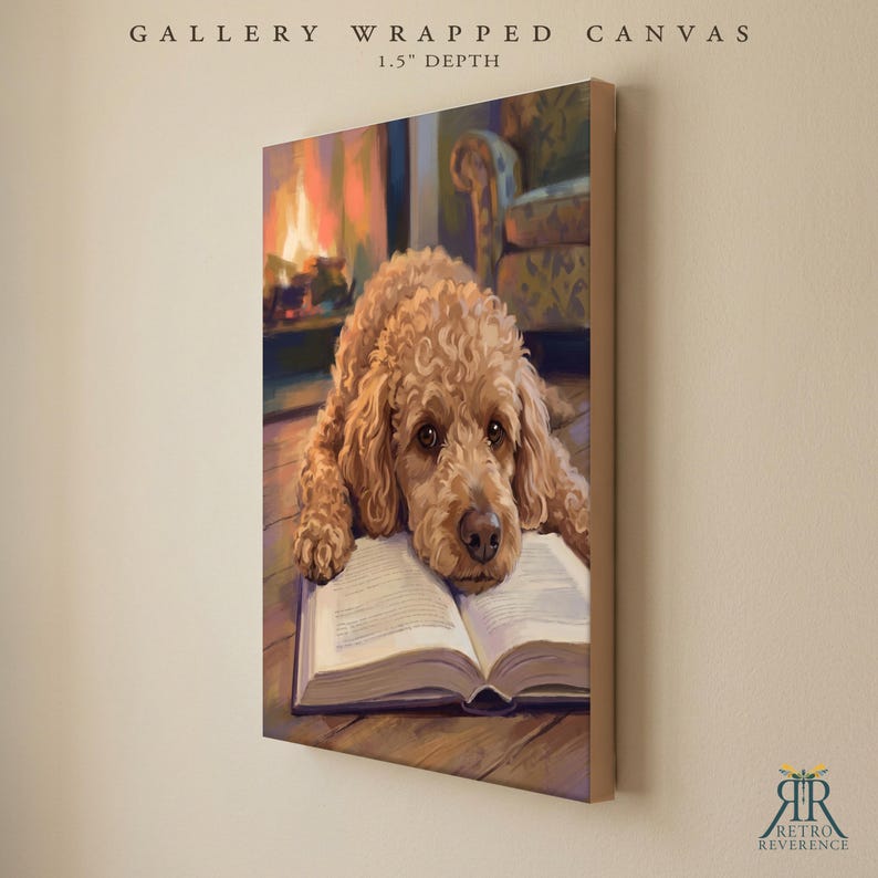 May include: A gallery wrapped canvas with a 1.5 inch depth featuring a painting of a curly golden-brown dog resting its head on an open book. The background shows a warm fireplace and a chair. The text reads GALLERY WRAPPED CANVAS 1.5 DEPTH.