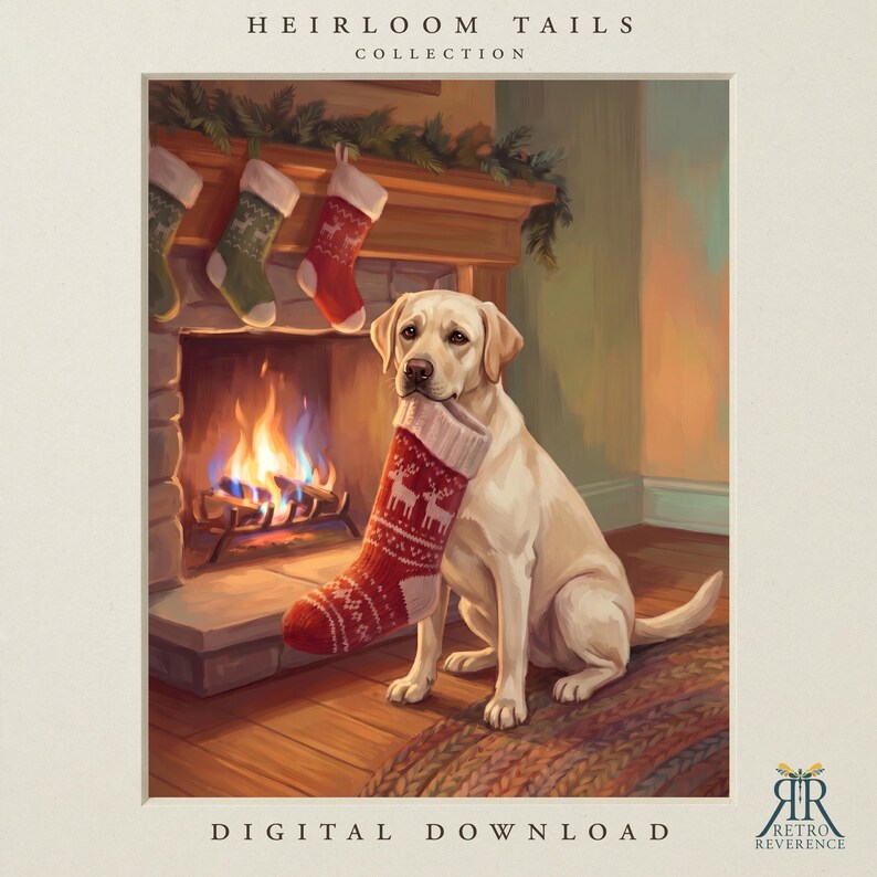 May include: A yellow Labrador Retriever sits in front of a fireplace, holding a red and white knit Christmas stocking in its mouth. Three additional stockings hang from the mantelpiece above. The text reads HEIRLOOM TAILS COLLECTION.