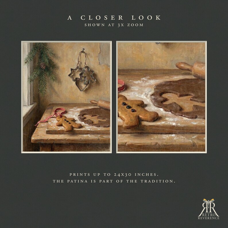 May include: A wall art print featuring two panels of a kitchen scene with gingerbread cookies, metal cutters, and a rolling pin on a wooden table. Text includes A CLOSER LOOK SHOWN AT 3X ZOOM, PRINTS UP TO 61X76 CM, THE PATINA IS PART OF THE TRADITION.