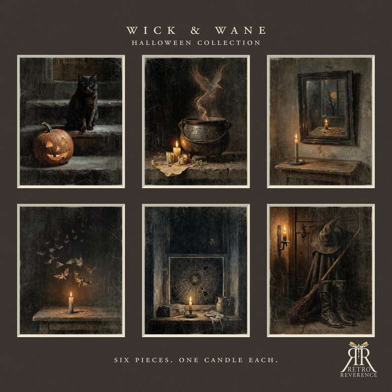 May include: A set of six framed prints titled WICK & WANE HALLOWEEN COLLECTION. The images feature a black cat with a pumpkin, a steaming cauldron, a mirror with a candle, moths around a candle, a spiderweb window, and a witch hat with a broom.