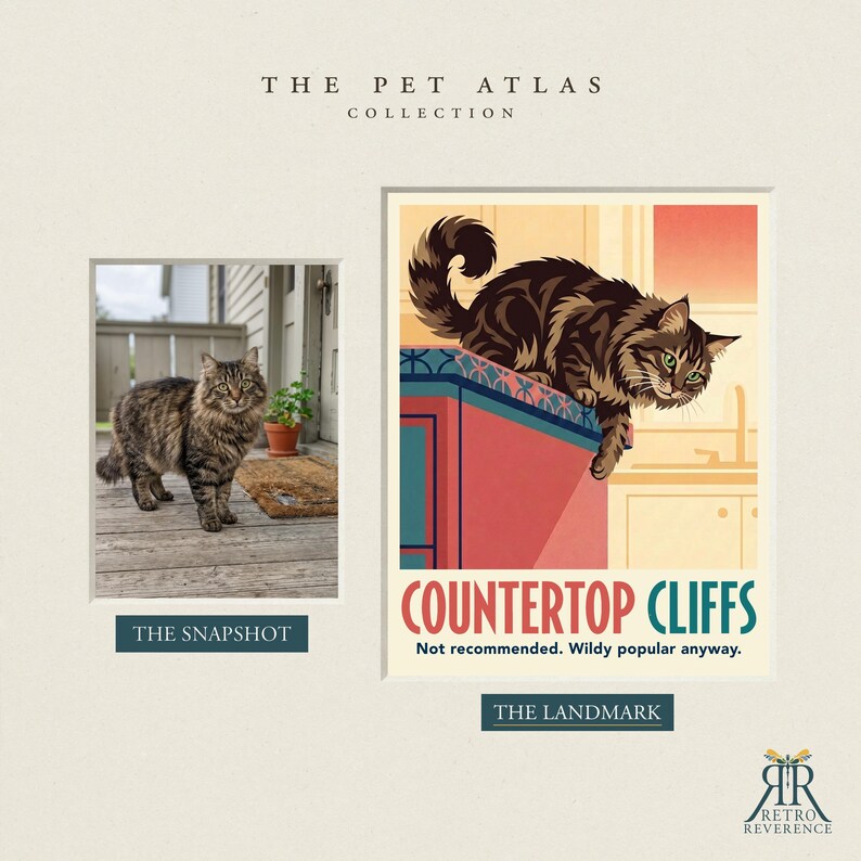 K&ouml;nnte beinhalten: Ein Druck mit dem Titel The Pet Atlas Collection, der ein Foto einer braunen getigerten Katze auf einer Veranda mit der Aufschrift The Snapshot und eine Illustration derselben Katze auf einer K&uuml;chentheke mit der Aufschrift The Landmark, Countertop Cliffs zeigt.