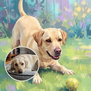 May include: A digital painting of a yellow Labrador Retriever standing in a grassy field with a tennis ball. A circular inset shows a photograph of the same yellow Labrador lying down on a gray circular dog bed indoors.