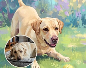 Personalized Dog Portrait from Photo, Dog with Tennis Ball Art, Dog in Garden Wall Art, Dog Illustration, Digital Prints, Spring Wall Art