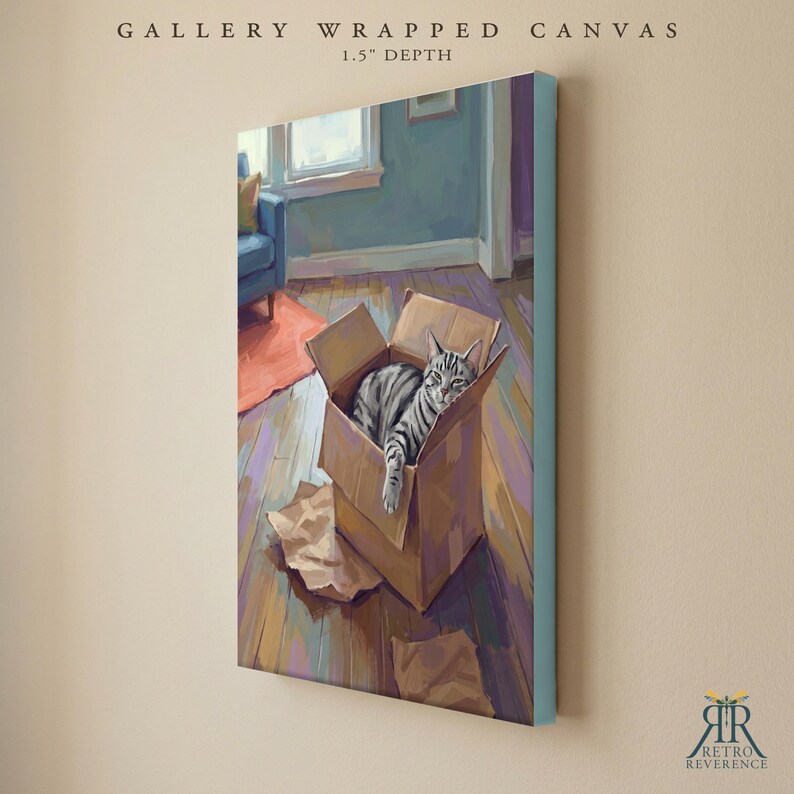 May include: A gallery wrapped canvas with a 1.5 inch depth featuring a painting of a grey tabby cat sitting inside a brown cardboard box on a wooden floor. The scene includes a blue chair and an orange rug in the background, rendered in a painterly style.