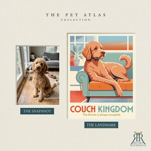 Puede incluir: Una presentaci&oacute;n lado a lado titulada The Pet Atlas Collection que muestra una fotograf&iacute;a de un perro marr&oacute;n dorado en un suelo de madera etiquetada The Snapshot y una ilustraci&oacute;n estilizada del mismo perro en un sof&aacute; etiquetada The Landmark Couch Kingdom.