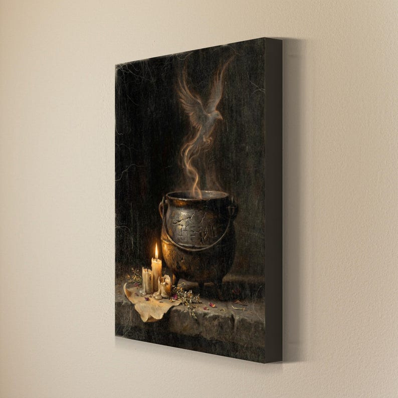 May include: A rectangular canvas wall art print featuring a dark, atmospheric scene of a black iron cauldron on a stone surface. A ghostly white bird emerges from the cauldron as smoke, accompanied by three lit candles and scattered dried herbs.