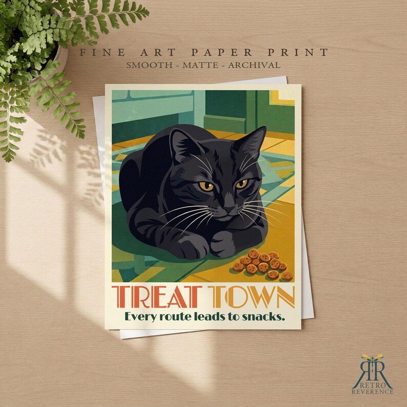 May include: A rectangular art print featuring a black cat with yellow eyes resting on a geometric floor pattern. Small brown treats are scattered nearby. The text reads TREAT TOWN and Every route leads to snacks. The print is smooth, matte, and archival.