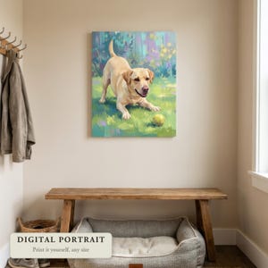 Custom dog portrait of a dog playing with a tennis ball in the grass, hung on a wall in an entryway, shown as a digital file you print yourself