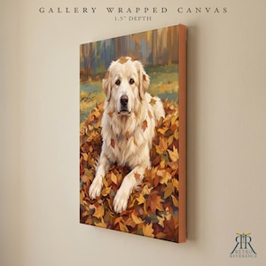 May include: A gallery wrapped canvas with a 1.5 inch depth featuring a painting of a cream-colored dog lying in a pile of autumn leaves. The dog has long fur and is surrounded by orange, yellow, and brown foliage in a wooded setting.