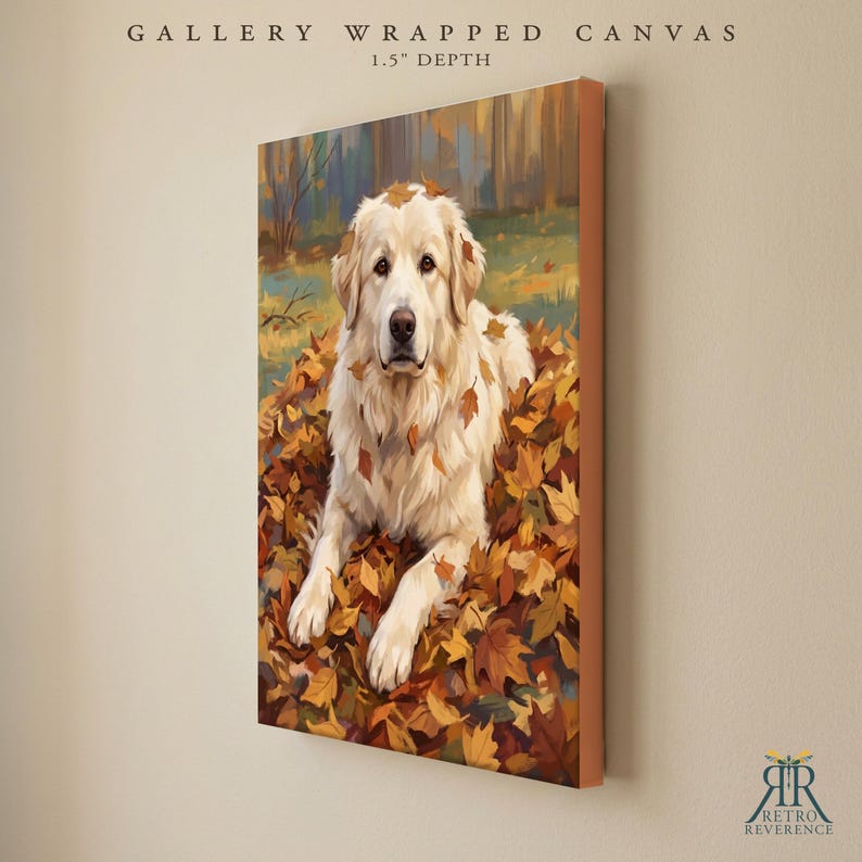 May include: A gallery wrapped canvas with a 1.5 inch depth featuring a painting of a cream-colored dog lying in a pile of autumn leaves. The dog has long fur and is surrounded by orange, yellow, and brown foliage in a wooded setting.