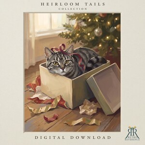 May include: A digital illustration titled Heirloom Tails Collection featuring a grey tabby cat sitting inside a cardboard box with a red ribbon on its head. A decorated Christmas tree with lights is visible in the background with torn wrapping paper.