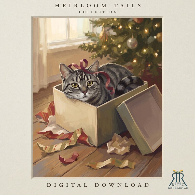 May include: A digital illustration titled Heirloom Tails Collection featuring a grey tabby cat sitting inside a cardboard box with a red ribbon on its head. A decorated Christmas tree with lights is visible in the background with torn wrapping paper.