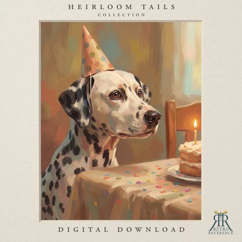 May include: A Dalmatian dog wearing a tan party hat with colorful polka dots sits at a table with a small cake featuring a single lit candle. The text HEIRLOOM TAILS COLLECTION and DIGITAL DOWNLOAD appear at the top and bottom of the image.