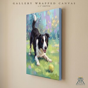 May include: A gallery wrapped canvas with a 1.5 inch depth featuring a black and white Border Collie in a play bow stance on green grass with a yellow tennis ball. The text GALLERY WRAPPED CANVAS 1.5" DEPTH is visible at the top.