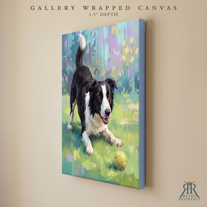 May include: A gallery wrapped canvas with a 1.5 inch depth featuring a black and white Border Collie in a play bow stance on green grass with a yellow tennis ball. The text GALLERY WRAPPED CANVAS 1.5" DEPTH is visible at the top.
