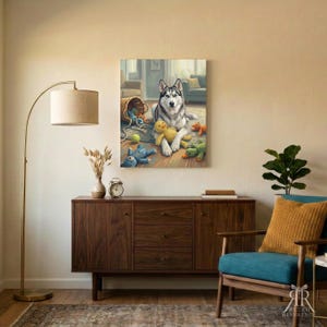 May include: A wall art print featuring a grey and white Siberian Husky dog sitting on a floor surrounded by various colorful plush toys, including a yellow duck, a blue creature, and a green toy, with a woven basket in the background.