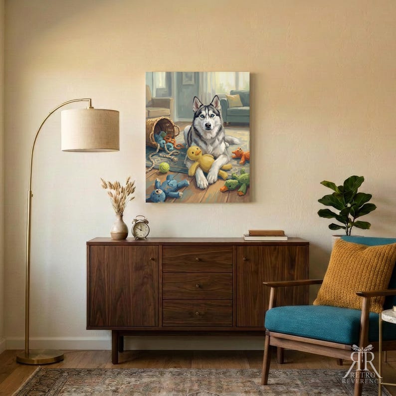 May include: A wall art print featuring a grey and white Siberian Husky dog sitting on a floor surrounded by various colorful plush toys, including a yellow duck, a blue creature, and a green toy, with a woven basket in the background.