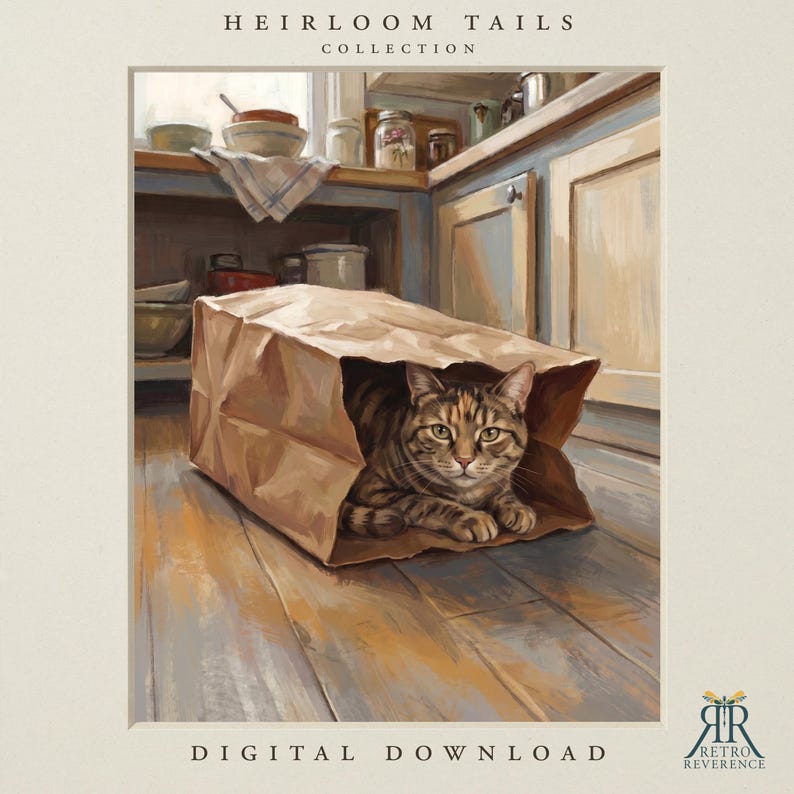 May include: A digital art print titled Heirloom Tails Collection featuring a brown tabby cat resting inside a brown paper grocery bag on a wooden floor. The background shows a kitchen counter with bowls and jars. The text Digital Download is at the bottom.