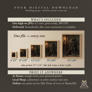 May include: A digital download guide showing five framed prints of a wizard hat, cloak, and broomstick in varying sizes from 4x5 inches to 24x30 inches. The text includes 'YOUR DIGITAL DOWNLOAD', 'WHAT'S INCLUDED', 'One file -> every size', and 'PRINT IT ANYWHERE'.