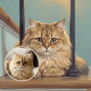 Watchful Custom Cat Portrait from Your Photo, Illustrated Stairway Canvas Print, Cat Canvas Wall Art, Cat on Stairs Art